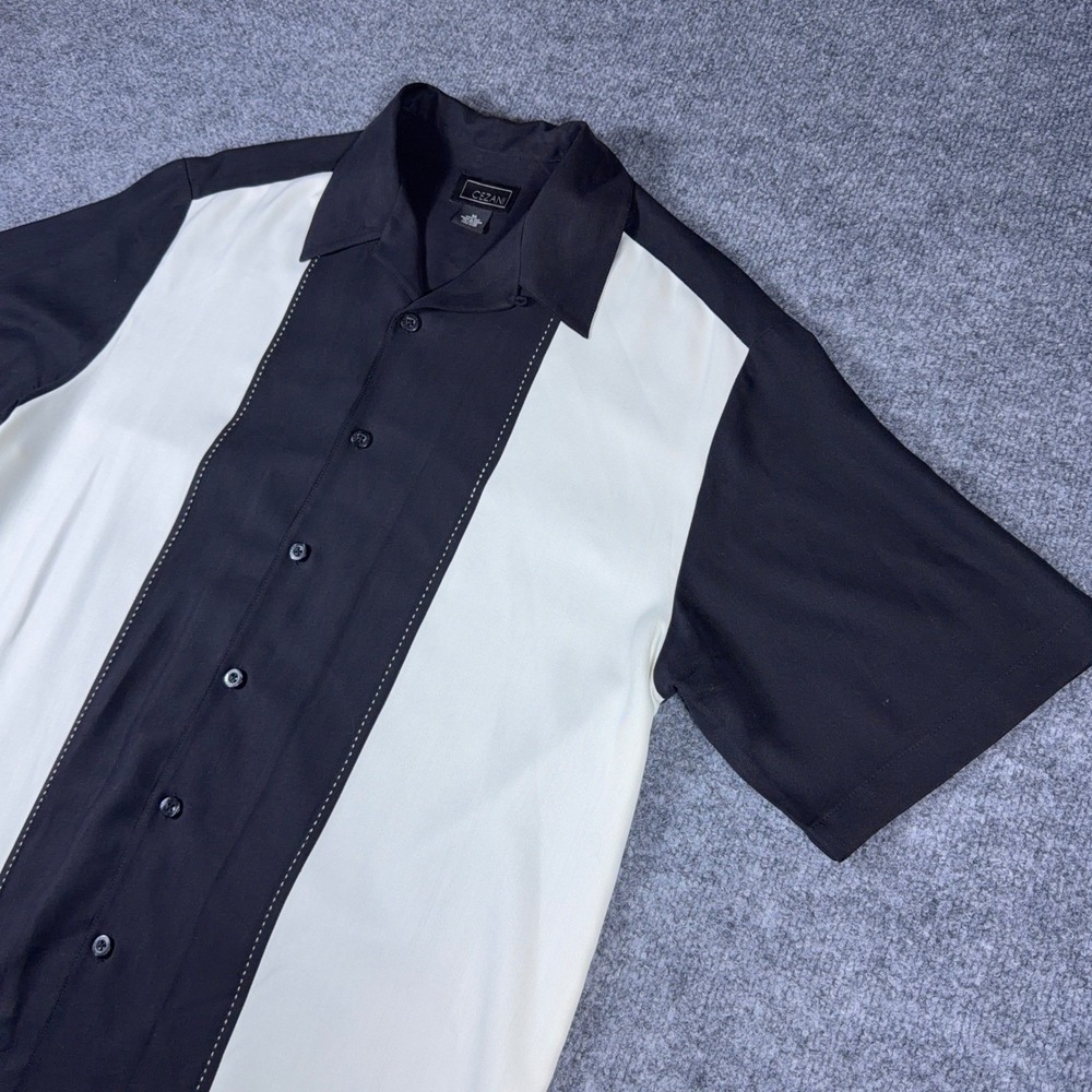 Cezani Mens Silk Camp Collar Shirt Medium Black White Bowling Tony Soprano